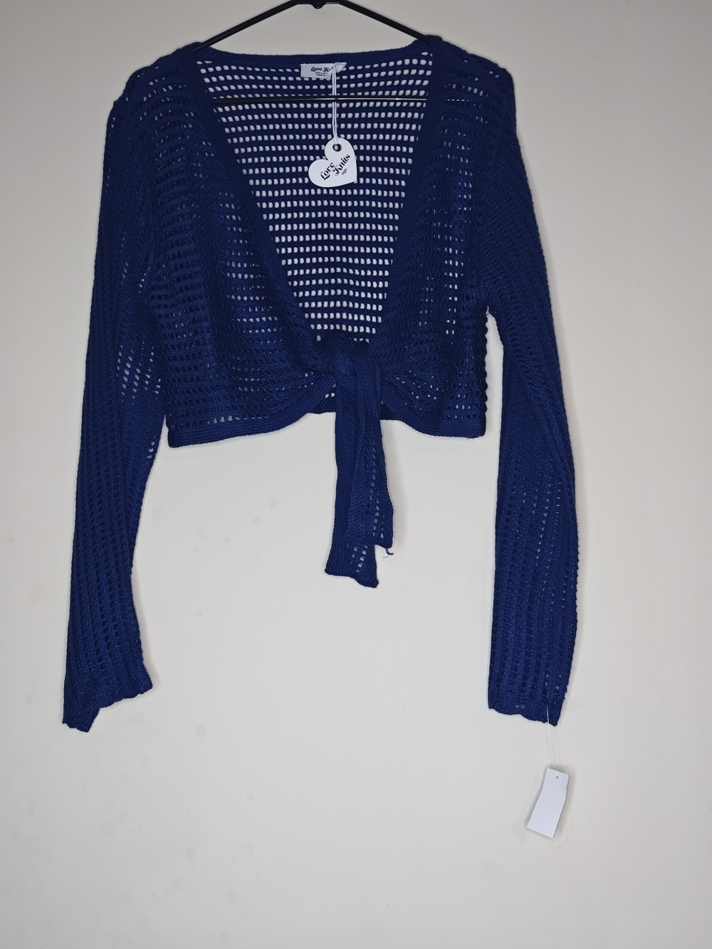 Love Knits Long Sleeve Crochet Tie-Front Cardigan - Navy XXL